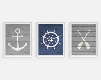 Nautical Art Prints, Oars, Life Saver, Buoy, Anchor, Set of 3 Prints, Faux Wood Art, Nautical Wall Art, Boys Nursery Art, Blue & Gray Art