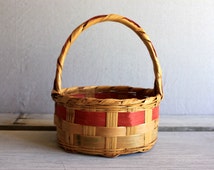 vintage Easter basket // woven wicker natural and pink and green Easter decoration 1960s 1950s