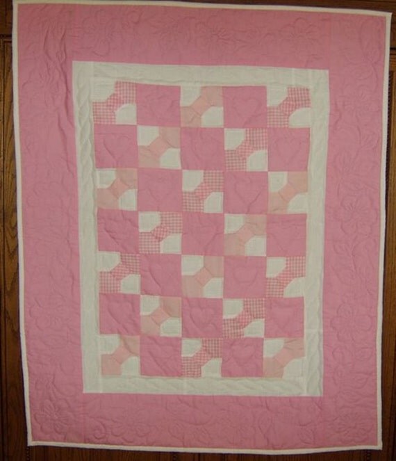 Amish Hand Sewn Baby Girl Crib Quilt in Pink Gingham