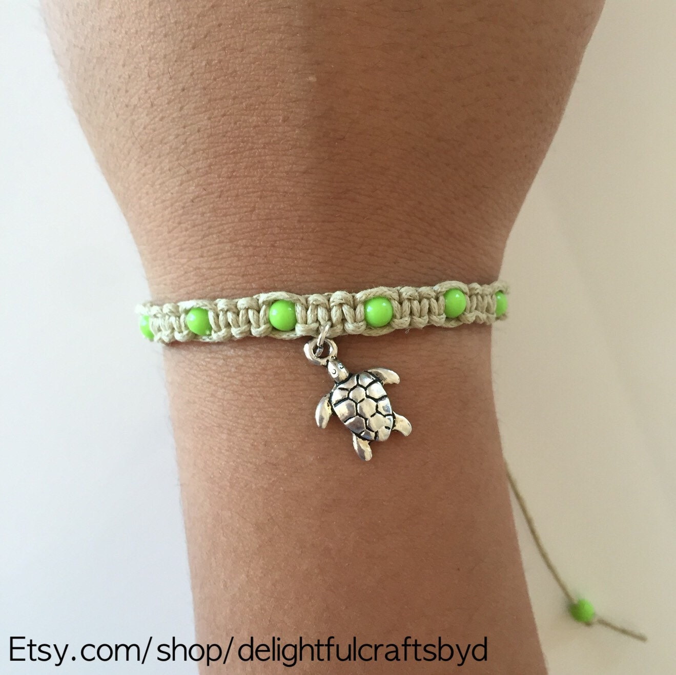 Hemp bracelet adjustable macrame beige turtle charm bracelet