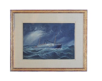 Boat in a stormy Sea -c.1920s Chinese Oil Painting