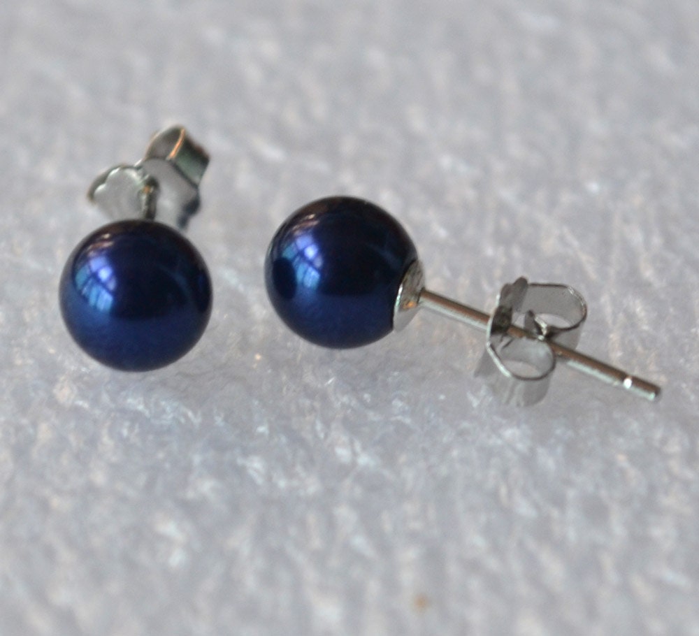 6mm Navy Blue Pearl Earrings Glass Pearl earringsnavy pearl