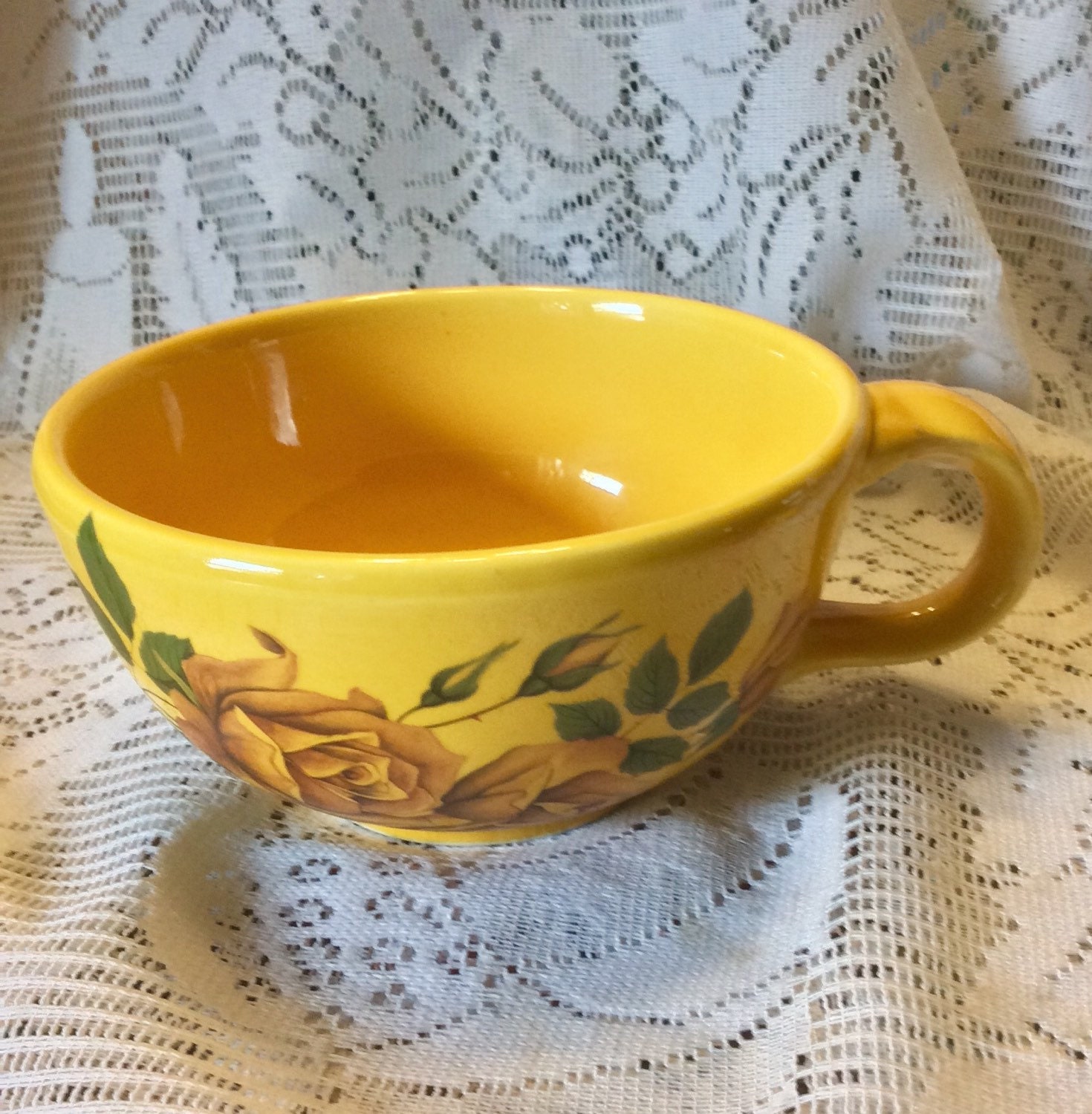 McCoy yellow large soup bowl cup with handle.
