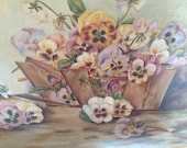 SALE! Vintage Painting Pansies on Canvas dated 1887 Antique Wood Stretcher