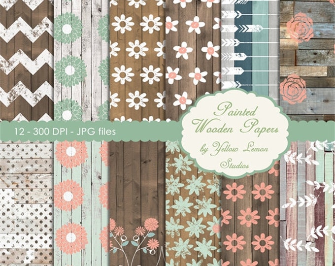 Wooden digital paper: "PAINTED FLORAL" rustic wood texture, distressed wood grain. peach, cream, white, teal, brown, painted wood background