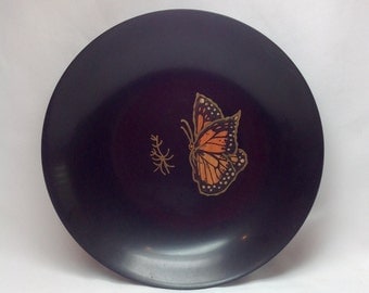 Vintage Couroc Giftware Monarch Butterfly Black Plastic with Inlay Wood Image Bowl Monterey California USA
