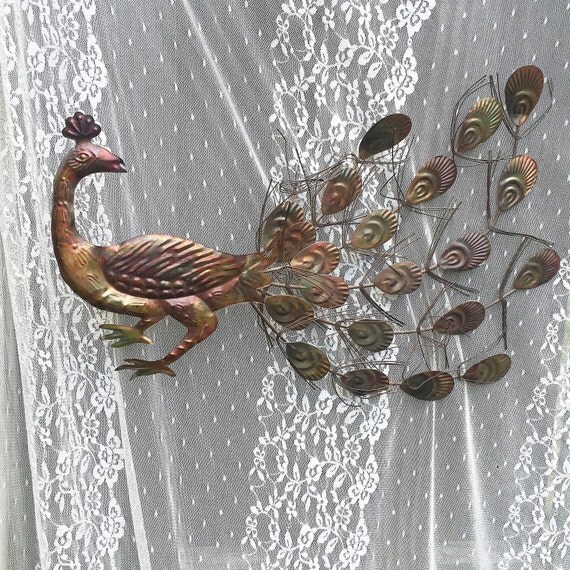 Mid Century Peacock Tin Wall Art Decor Metal boho