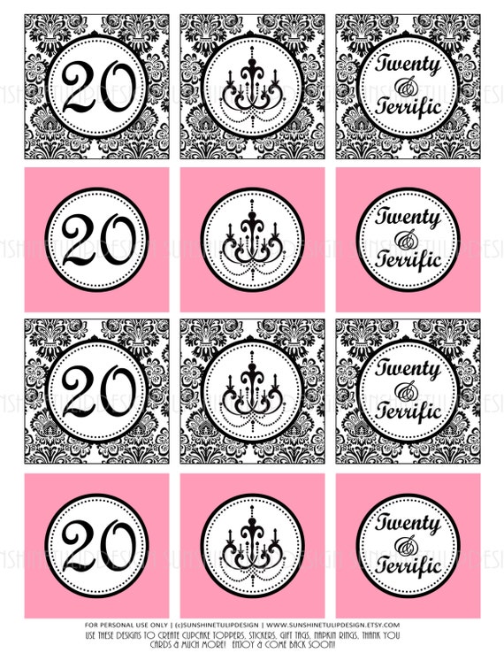 20th Birthday Pink and Black Printable DIY Party Tags Sticker Labels ...