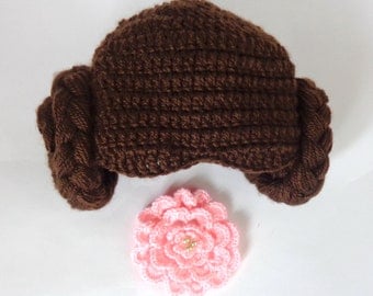 Princess Leia Style Crocheted Baby Hat From Star Wars For Girl Newborn Costume With Big Flower Halloween / Cosplay Wig