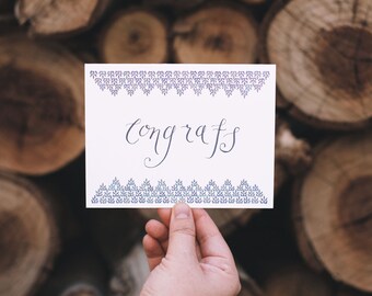 Congrats Blue Lace Border Greeting Card | Calligraphy Watercolor Congratulations Blank Wedding Anniversary Graduation Floral Hand Lettering