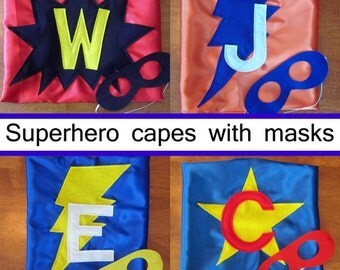 SUPERHERO CAPE and MASK - Quick Shipping - Cape and Mask Set - Cape Personalized with Lighting Bolt, Starburst, Heart or Star