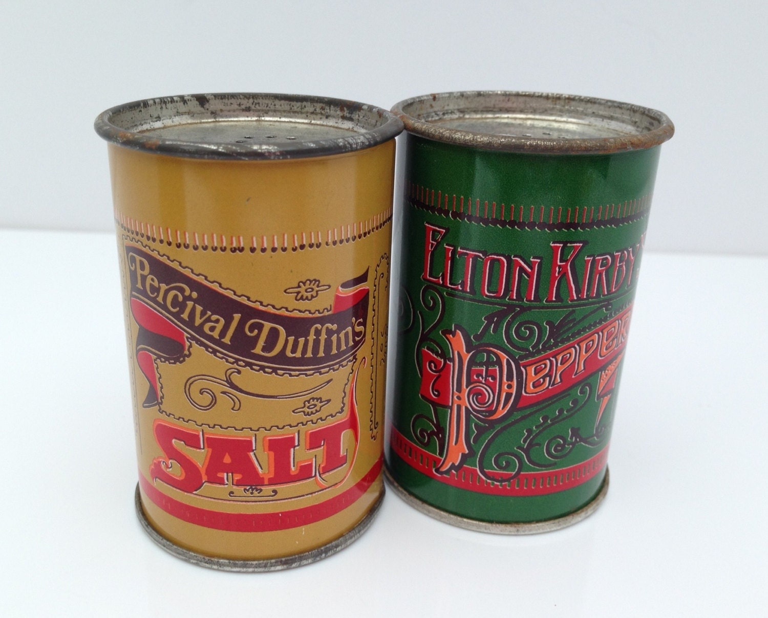 RUSTIC SALT & PEPPER Set is a Vintage Tin Shaker Set with a