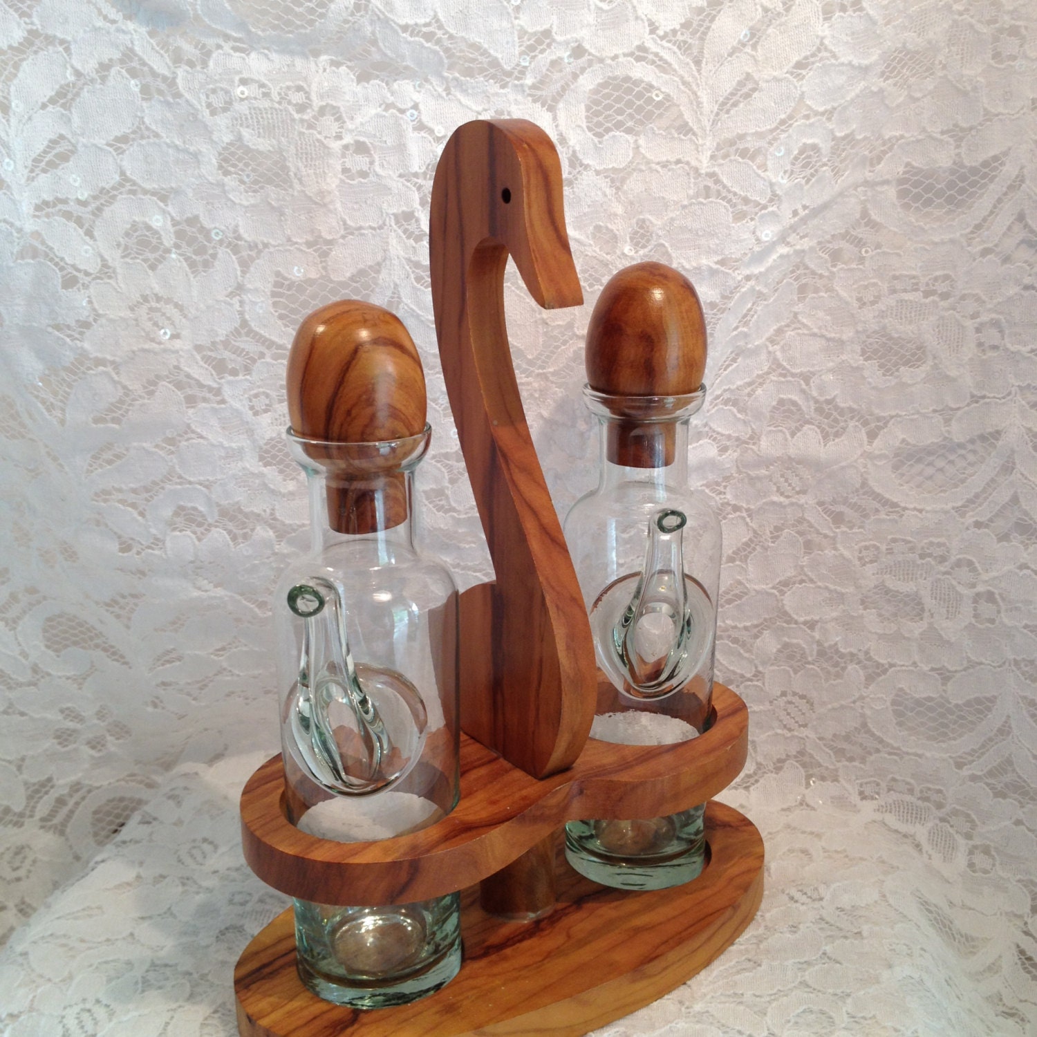 Rare Exotic Wood Caddy With Oil And Vinegar Cruets Wood Stoppers Lifted Glass Spouts Swan Oil