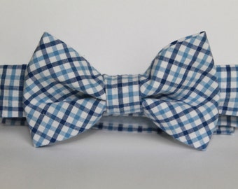Shades of blue plaid bow tie with adjustable velcro closure, baby, boy