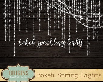 Bokeh Clipart Sparkling String Lights Clipart - Digital Overlay PNG Fairy Lights clip art, Christmas Wedding Strands Instant Download