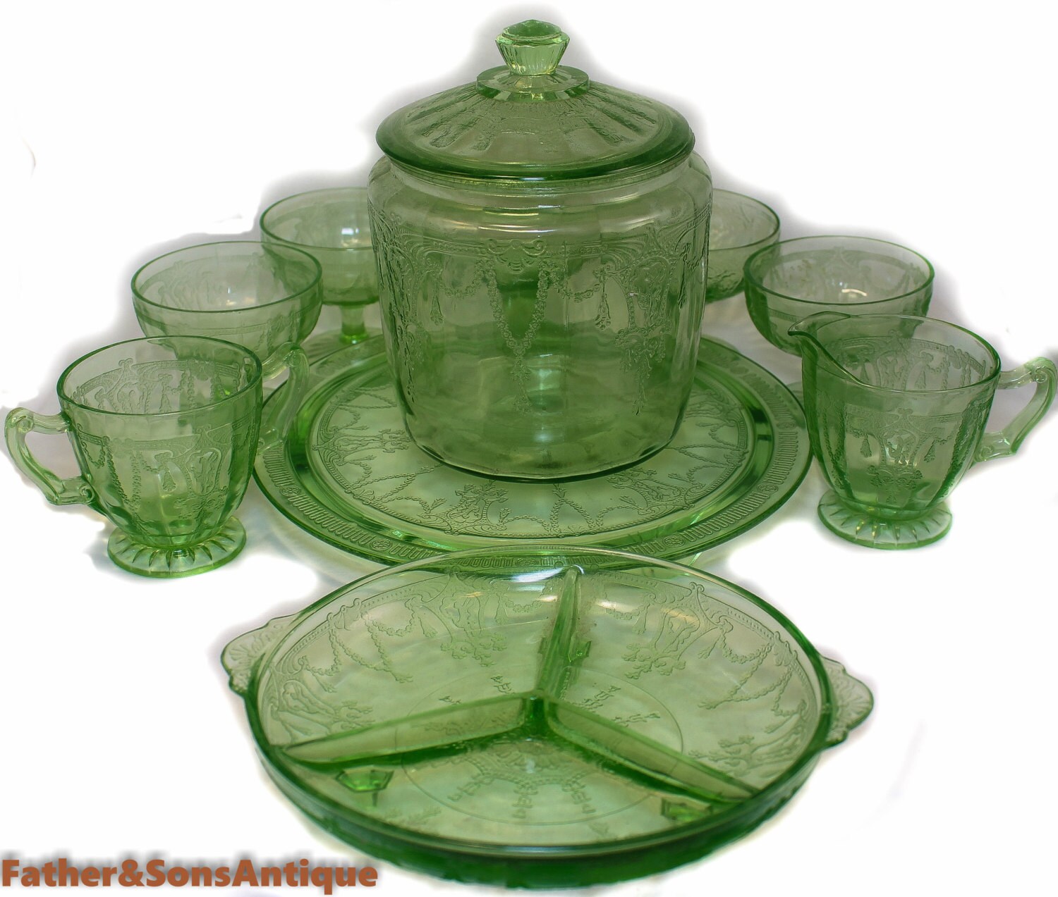 Green Vaseline/Depression Uranium Glass SET Pre-1940's