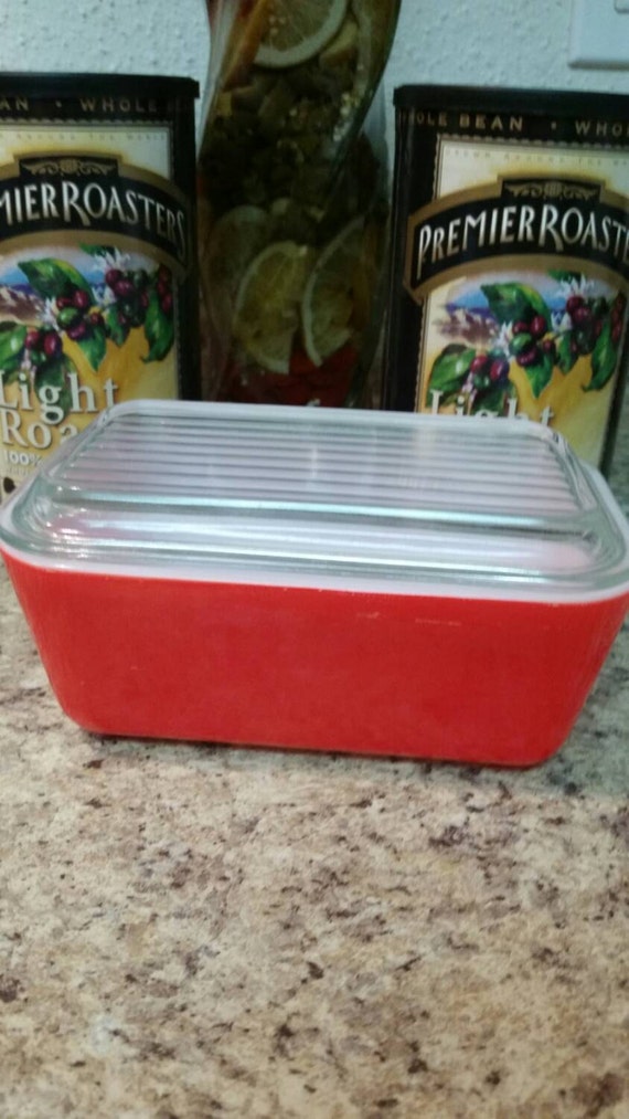 Vintage Pyrex Glass Covered Loaf Pan . Red / Orange with Clear
