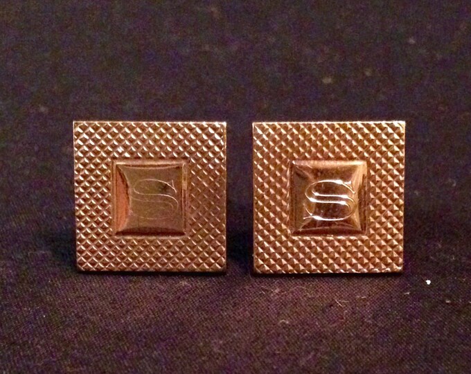 Storewide 25% Off SALE Gentleman's Vintage Square Shaped Gold Tone Designer Cufflinks Featuring Monogramed "S" Design With Smooth Center Fin