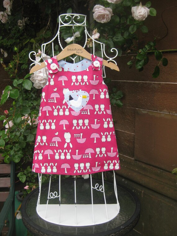 Reversible Dress, girls pinafore, retro style, shift dress, 2 in 1, chintzy, funky,rabbits,polka dot, seagull, poplin,  beadies by jo