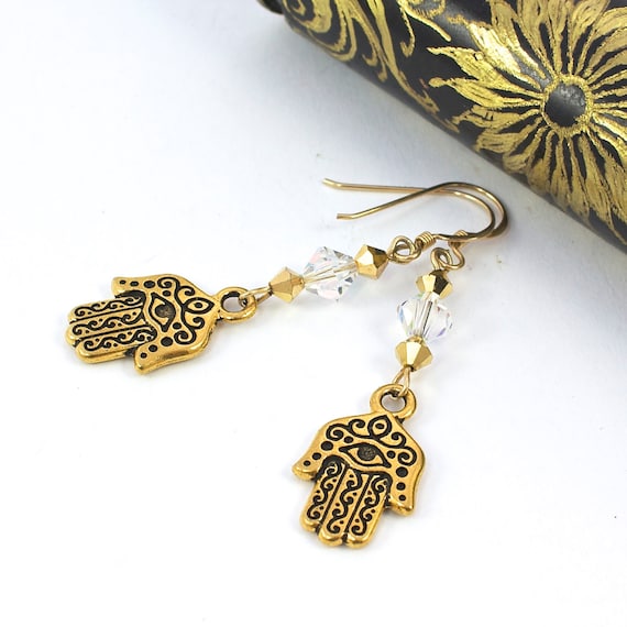 Gold Hamsa Earrings, Hamsa Earrings, Hand of Fatima Earrings, Hamsa Jewelry, Judaica Jewelry, Evil Eye Jewelry, Dangle Earrings