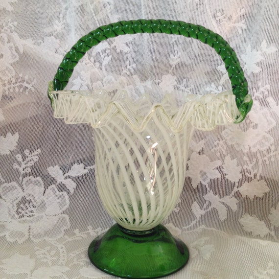 Vintage Art Glass Basket Folded Ruffles Frosted Spiraled