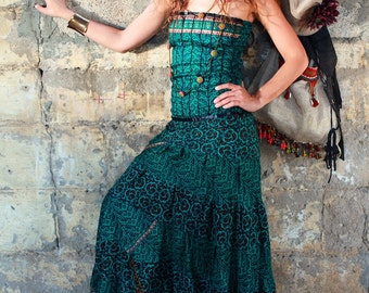 Boho Sari Dress, Bohemian Maxi Dress, Strapless Maxi Dress , Gypsy Maxi Dress , Summer Oriental Dress