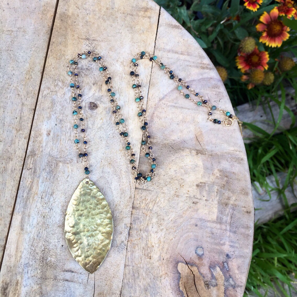 Hammered brass leaf necklace