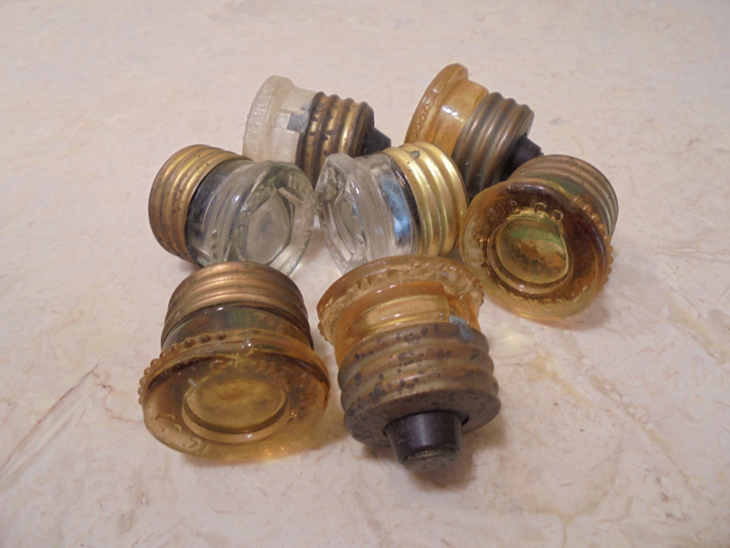 Set of 7 Antique Glass Electric Fuses 3 White by Daintyantiques