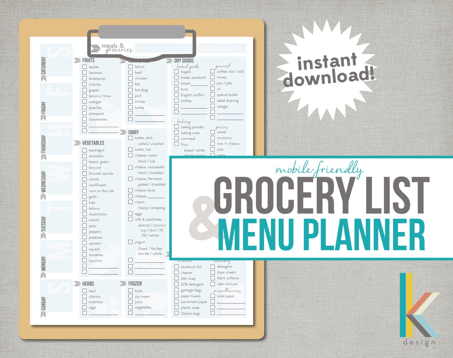 mobile friendly printable grocery list and menu planner