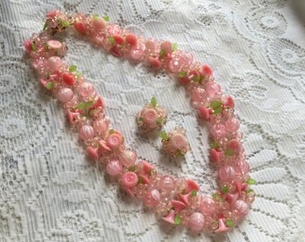 1950's cherry blossom double strand necklace & earings set