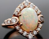 Opal & Diamond Halo Ring / Wedding Band set. 14K, 10K Solid Gold, or S.S.Top Gem Grade Solid White opal with optional matching Wedding Band