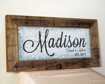 Personalized Family Name Sign. Light Blue & Black. Custom Signs. Reclaimed Wood Frame. Established Family Sign. Rustic. Wedding Gift. 20x10