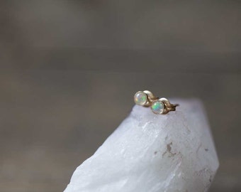 Tiny Welo Opal Stud Earrings on 14k Gold Filled or Sterling Silver Post, 3mm Natural Ethiopian Opal Bezel Set Genuine Gemstone Earrings