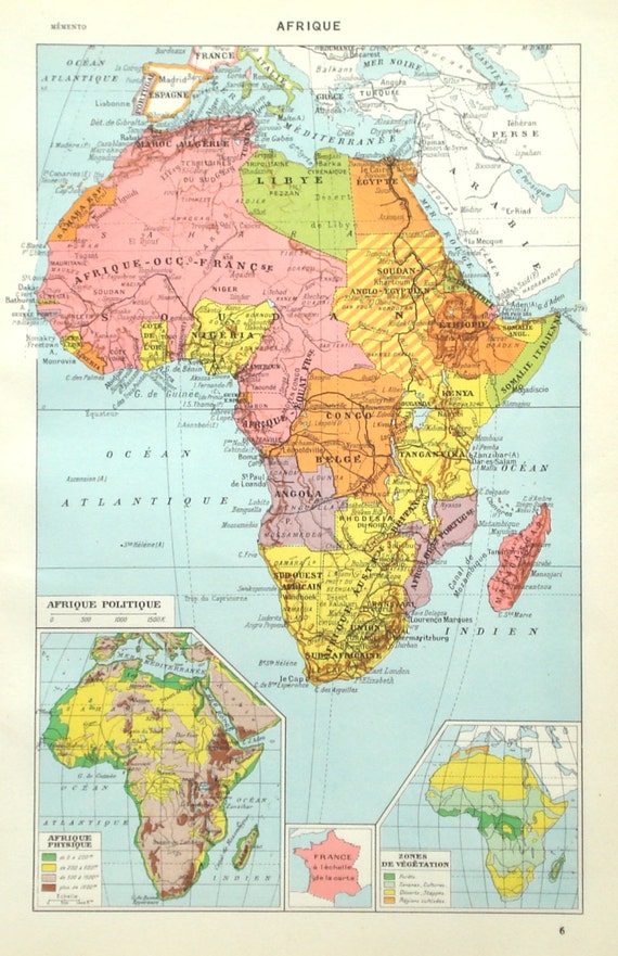 Africa political map original 1936 chart print Continent