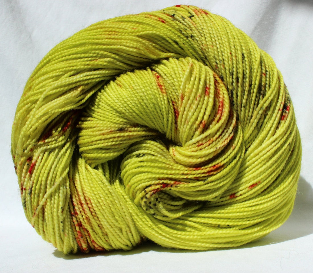 SALE Hand dyed yarn bright green yarn speckled by SMAKSuperFibers