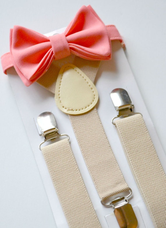 Coral Bow Tie -- Tan / Beige Suspenders -- Suspenders Bow Tie -- Ring ...