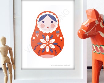 Russian Nesting Doll Folk Art Pink Doll Art print retro Russian Style Design Nursery poster orange wall Art Cute Nursery Deco