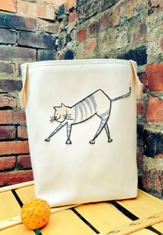 CAT TOYS BASKET Large Denim Canvas Storage Organizer Bag