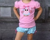 Pink and Aqua "Whooo Owl" Bubble Shorts 2pc Outfit Set With or Without Matching Pink Knotted Headband - Back To School Outfit- Photo Prop