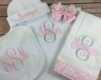 Baby Girl Coming Home OUTFIT, Personalized Interlaced Vines Monogram Bodysuit, Pink Personalized Baby Burp Cloth, Initial Monogram Newborn