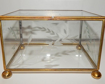 Large Vintage Floral Design ETCHED GLASS & Brass Jewelry Box // Display Case // Flowers // Clear Footed Vanity Box