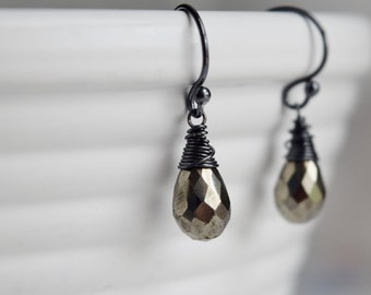 Pyrite earrings, Iron pyrite, oxidized sterling silver, genuine gemstone, business stone, energy