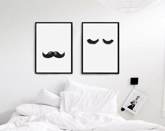 Mr and Mrs Lashes Moustaches Print, Her Poster, Bedroom Decor, Wall Decor, Minimal Print, Fashion Print, Wall Decor For Couple, Bedroom Art.
