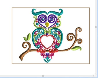 5x7 SWIRLY OWL embroidery design, satin and weave fill. Machine embroidery. Owl would be great for initial and name as shown in picutres!