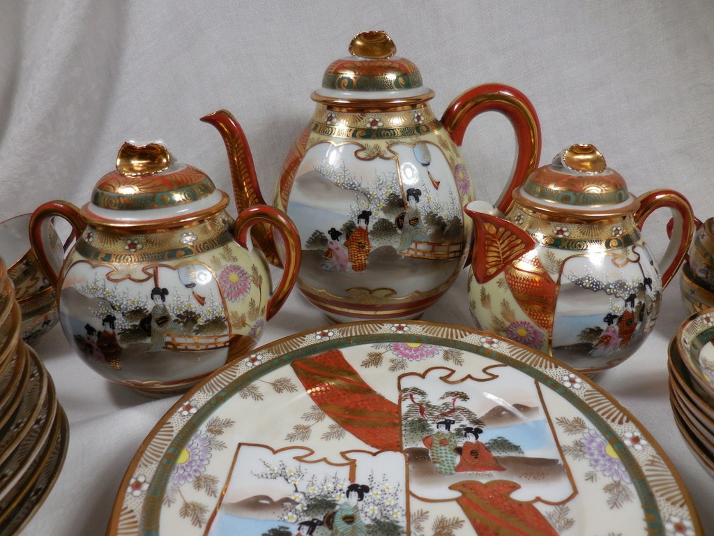 SALEVintage Japanese Hand Painted Tea Set 42 Pieces