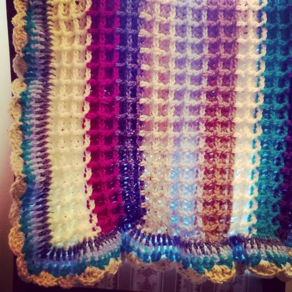 Crochet Blanket Waffle Stitch Striped Throw by WhimsicalNimsicle