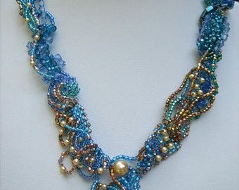 Bead art, wearable art, seed bead necklace, luxury jewelry, seed bead art, boho necklace, artistic jewelry gift, exclusive, blue necklace