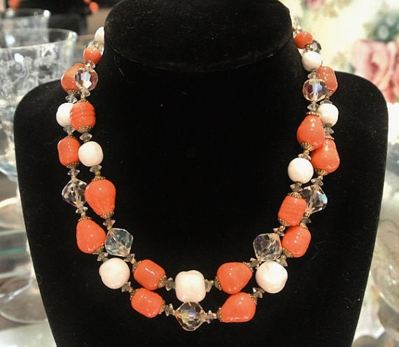 Vendome Coro Necklace Choker 1950s 50s Mid Century Vintage Double Strand Art Glass Milk Glass Rhinestone Necklace French Fashion Style Coro