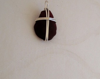 genuine red sea glass wire wrapped cross pendant (281)