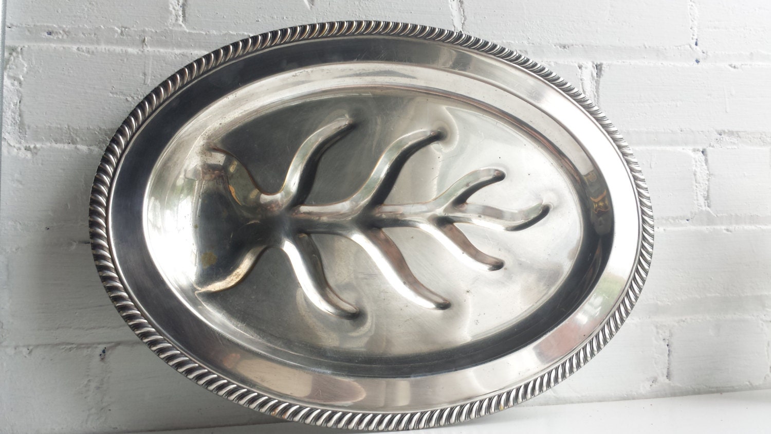 Vintage Large Heavy Footed Oval Silver Meat Serving Platter Haute Juice